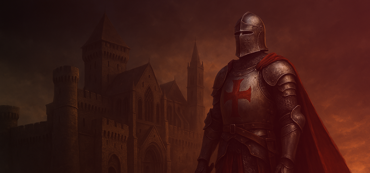 Chevalier templier en armure et manteau rouge devant une forteresse