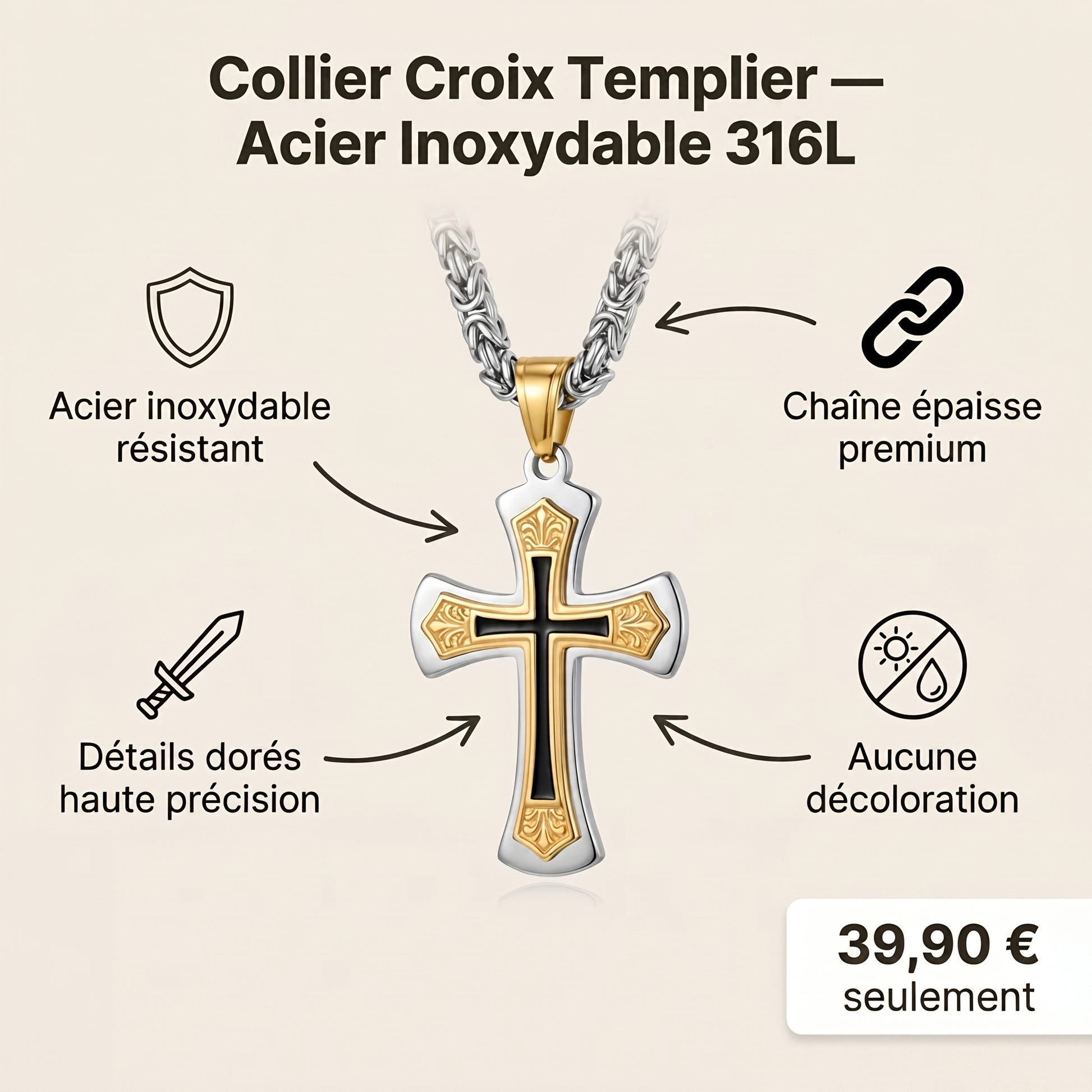 Collier Croisé de l'Espoir - Fabrication Artisanale - vue 8 - Templiers Légende